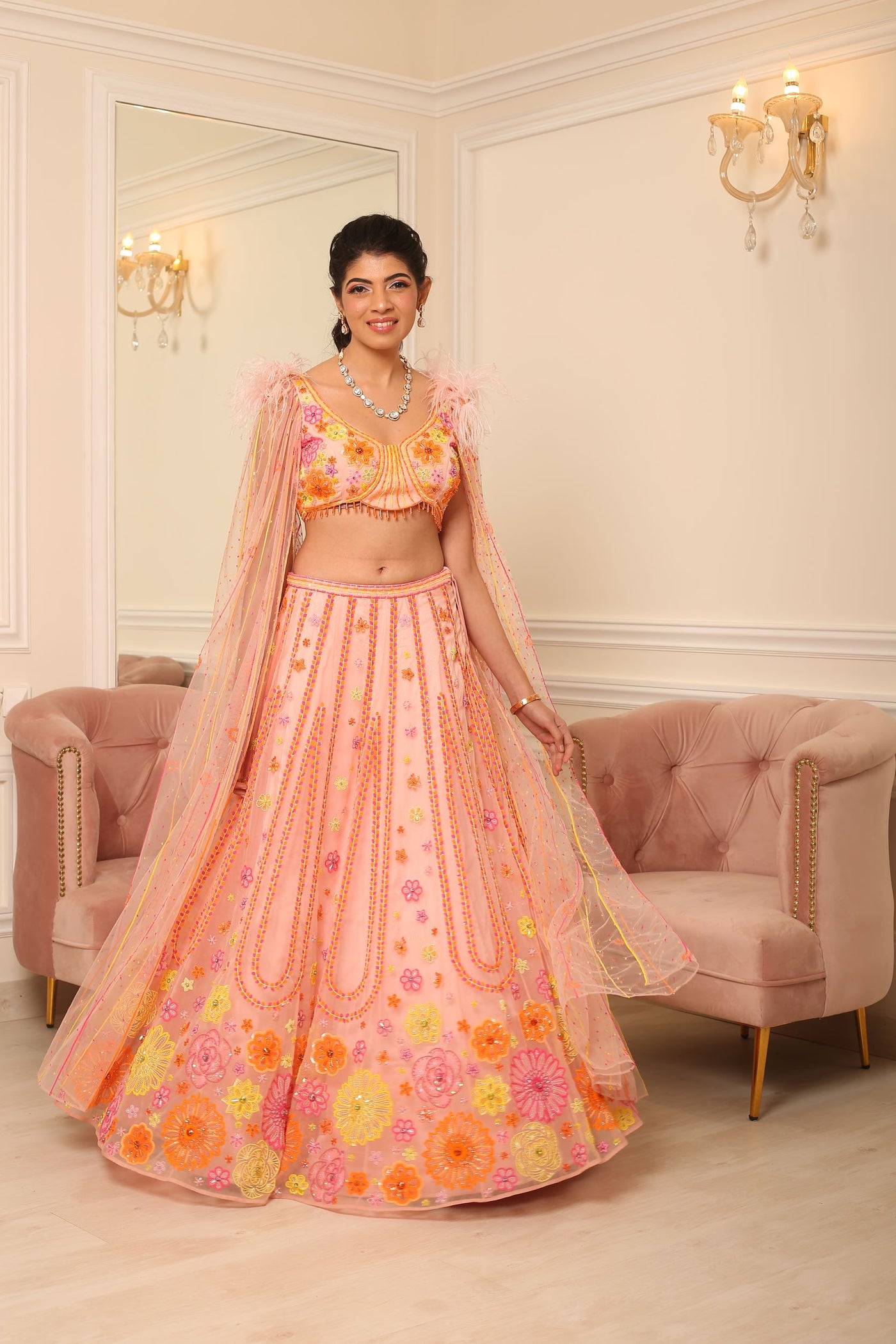 Georgette Kachi Patti Shagun Peach Lehenga with Dupatta